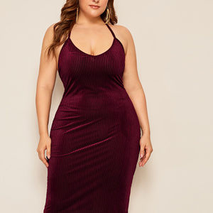 Plus Size Velvet Halter Ribbed Midi Bodycon Dress